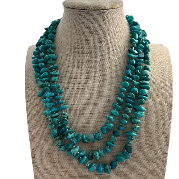Multi-Strand Faux Turquoise Chip Bead Necklace Boho Southwestern Statement - Picture 1 of 10